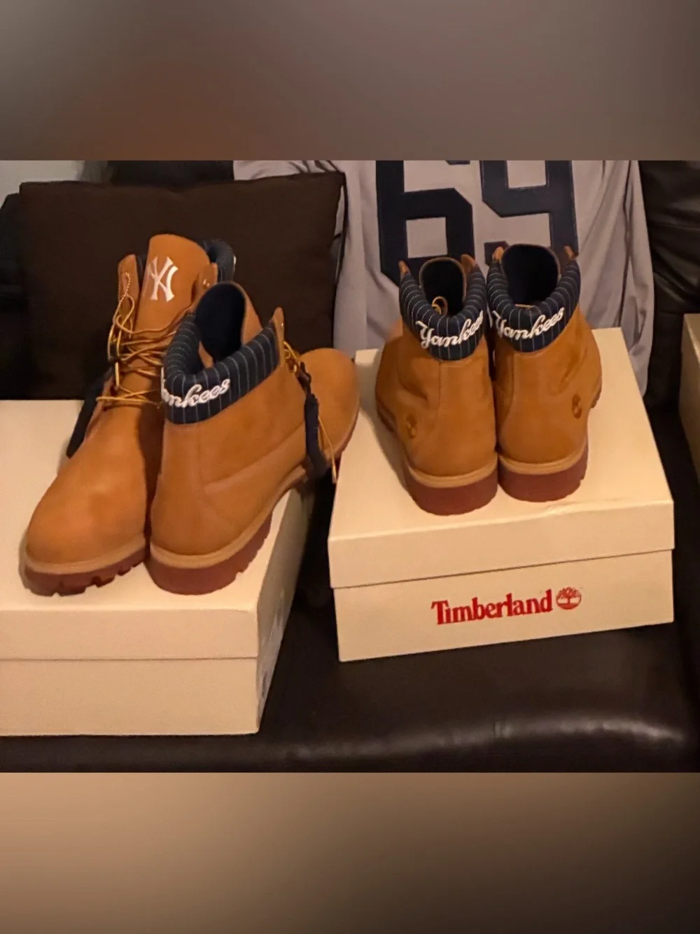 Timberland Wheat Nubuck Lace-Up Work Boots with Navy Collar